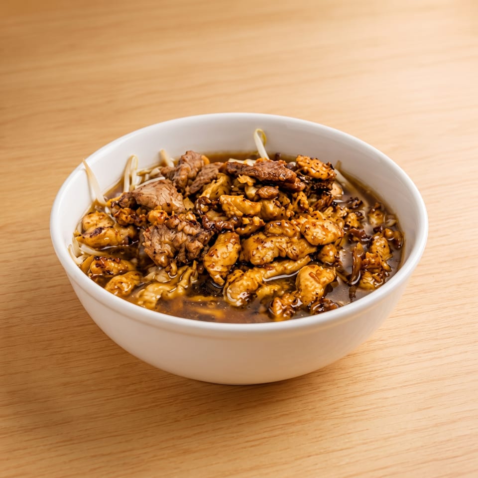 A white bowl filled with a dark broth, noodles, bean sprouts, and seasoned chicken and beef.