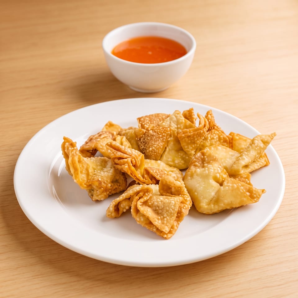 Crispy fried wontons on a white plate with a small bowl of orange dipping sauce.