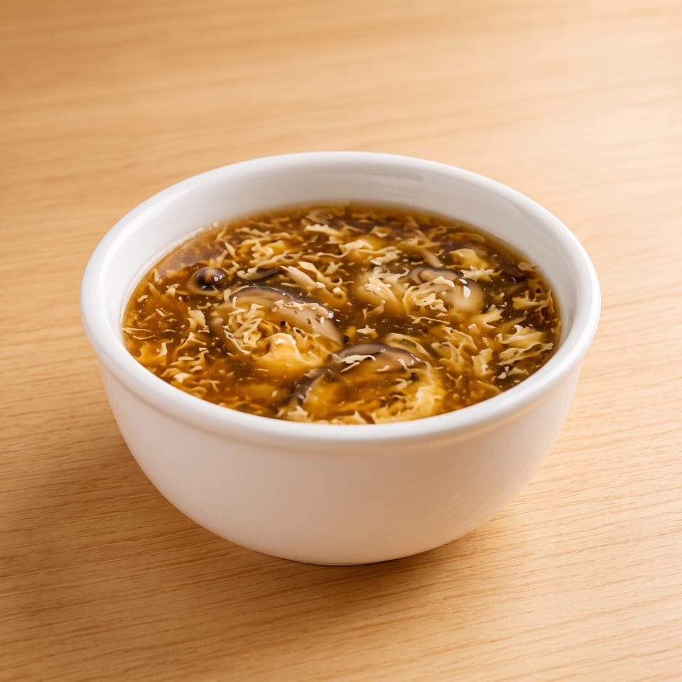 A white bowl of hot and sour soup with mushrooms and egg drops on a wooden table.