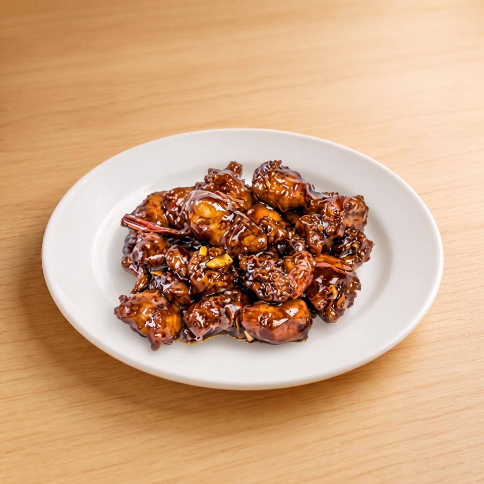 A white plate filled with glistening, dark brown General Tso's chicken on a light wooden table.