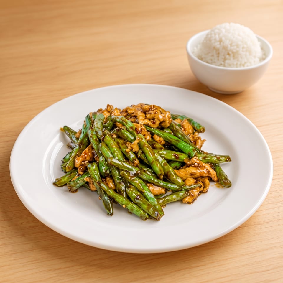 Stir-fried green beans and chicken in a savory sauce on a white plate with a side of rice.