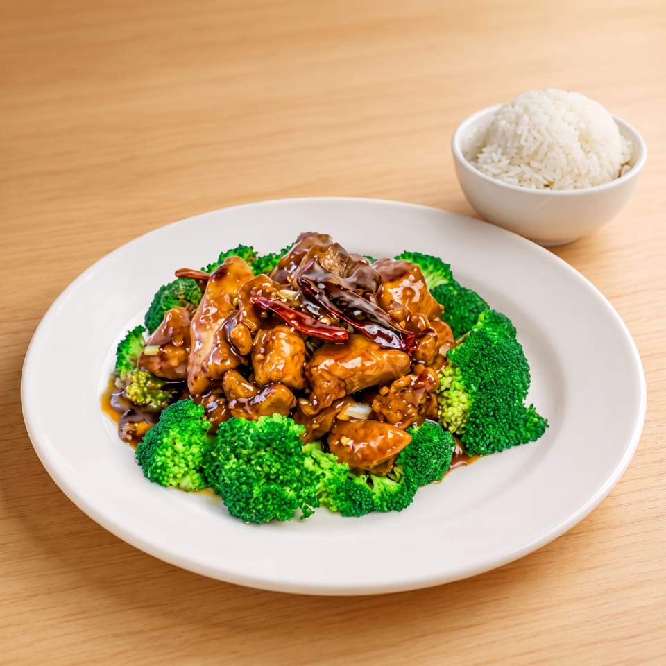 General Tso's chicken with broccoli and a side of white rice on a wooden table.