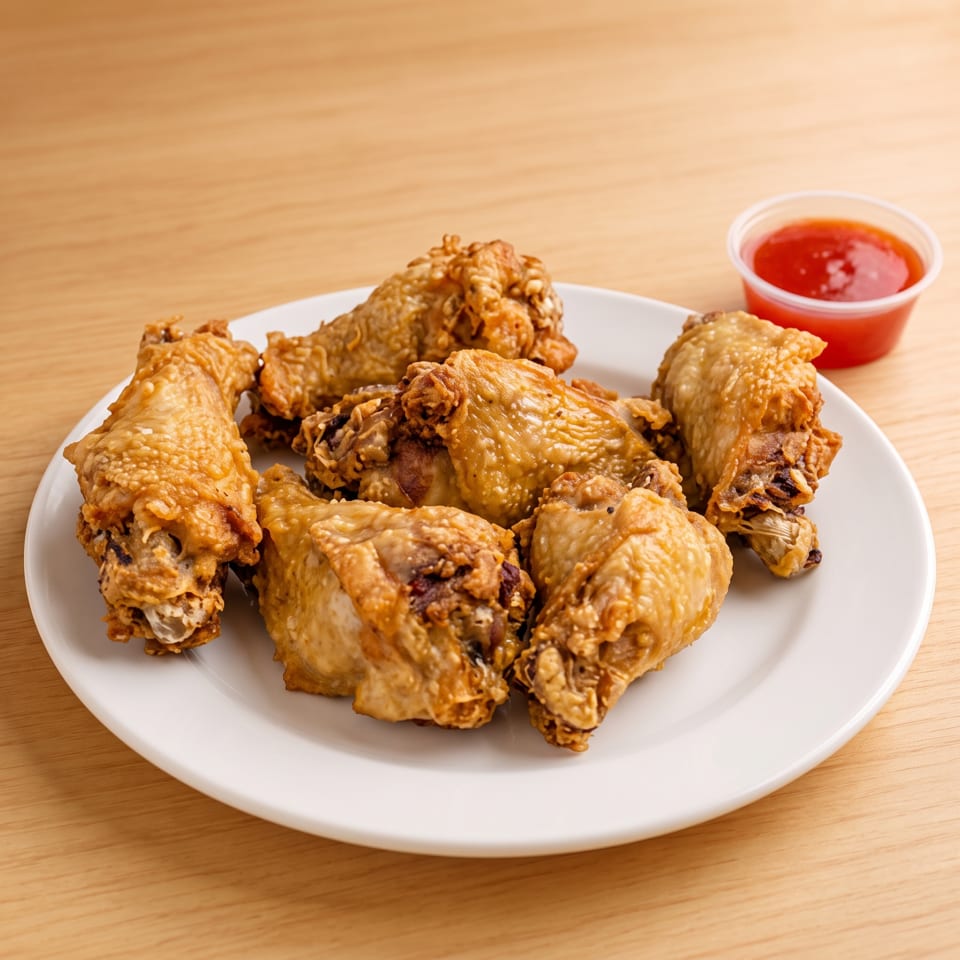 Crispy fried chicken wings on a white plate with a side of red dipping sauce.