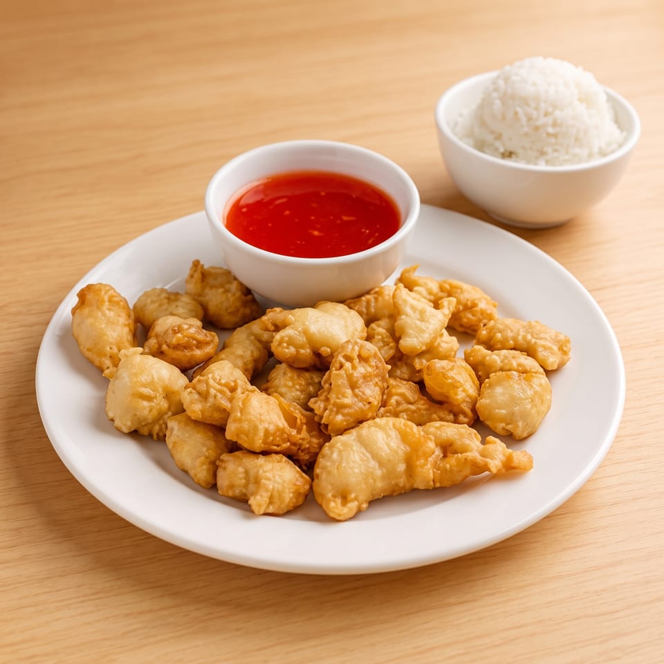 Crispy fried chicken pieces on a white plate with sweet chili sauce and a side of white rice.