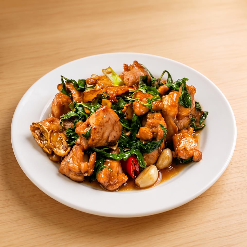 Sweet and savory chicken with basil, garlic, and chili on a white plate.